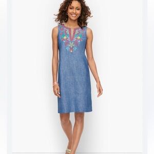 TALBOTS WOMEN’S EMBROIDERED LINEN SHIFT DRESS SIZE‎ 10 PETITE Cottagecore Preppy
